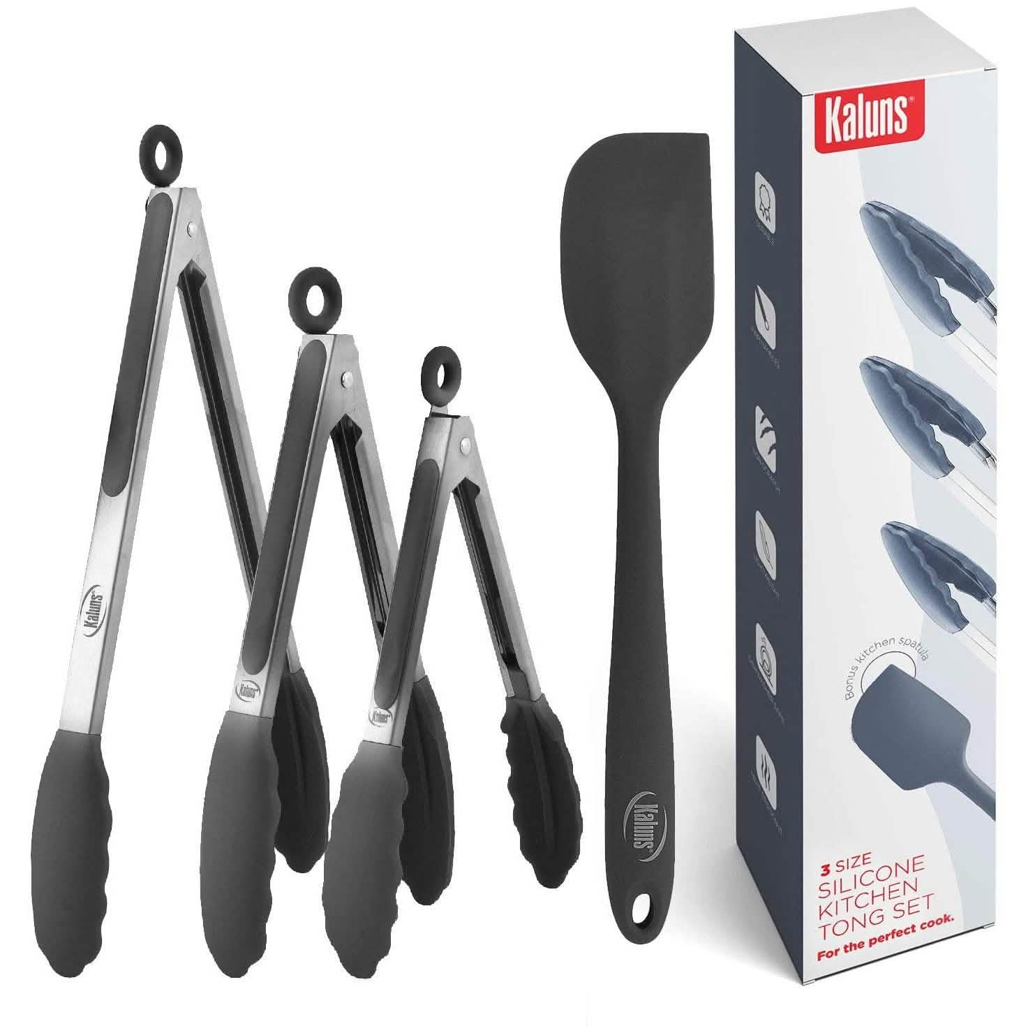 4-Pack: Kaluns Kitchen Tongs for Cooking with Silicone Spatula