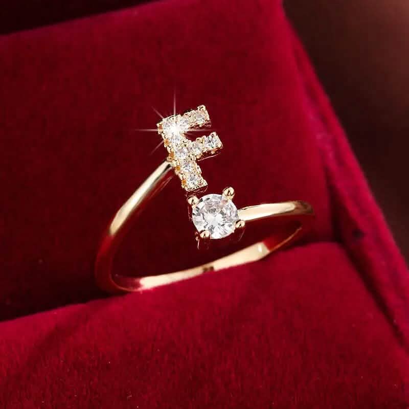 Adjustable Copper Initial Ring with Four-Claw Round Zirconia