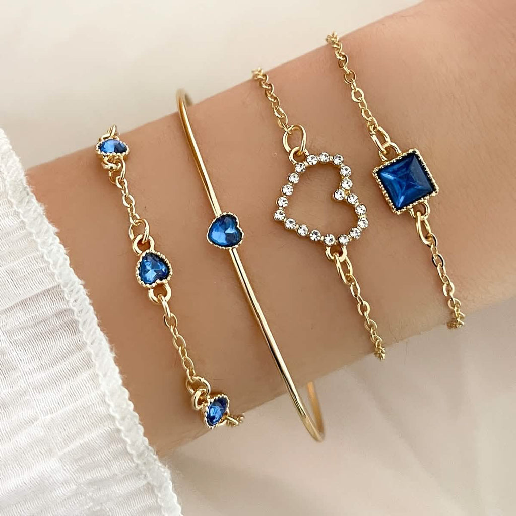 4pcs Rhinestone Alloy Bracelet Set – Minimalist Heart & Square Design