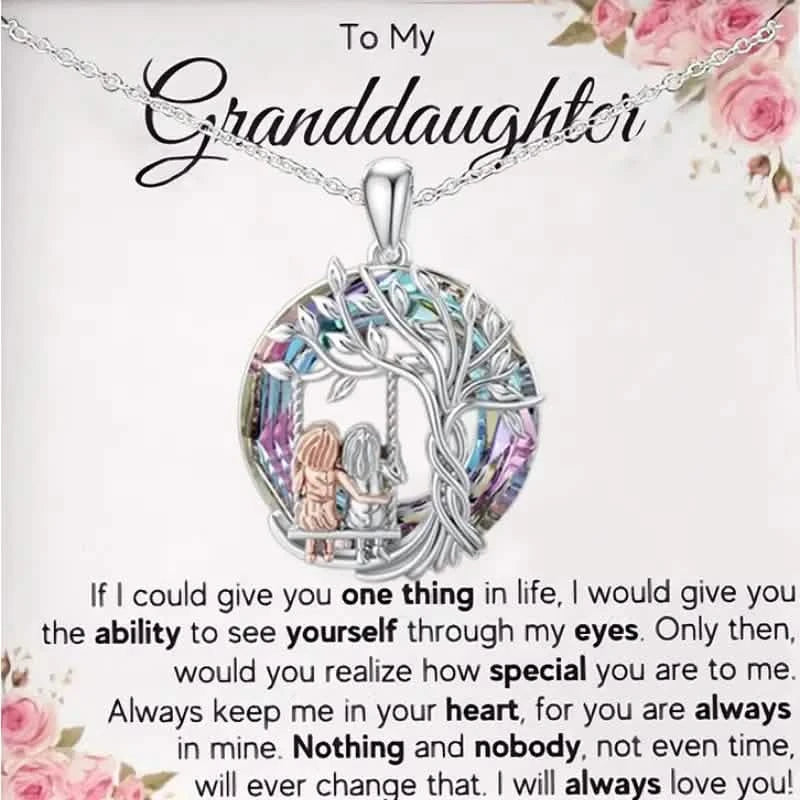 To My Granddaughter, Tree Of Life Sisters On The Swing Pendant Necklace