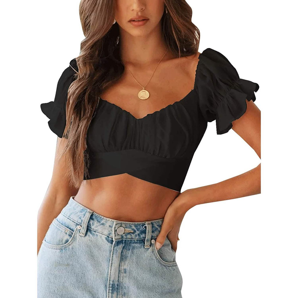 Women's Ruffle Short Sleeve Tie Shirt