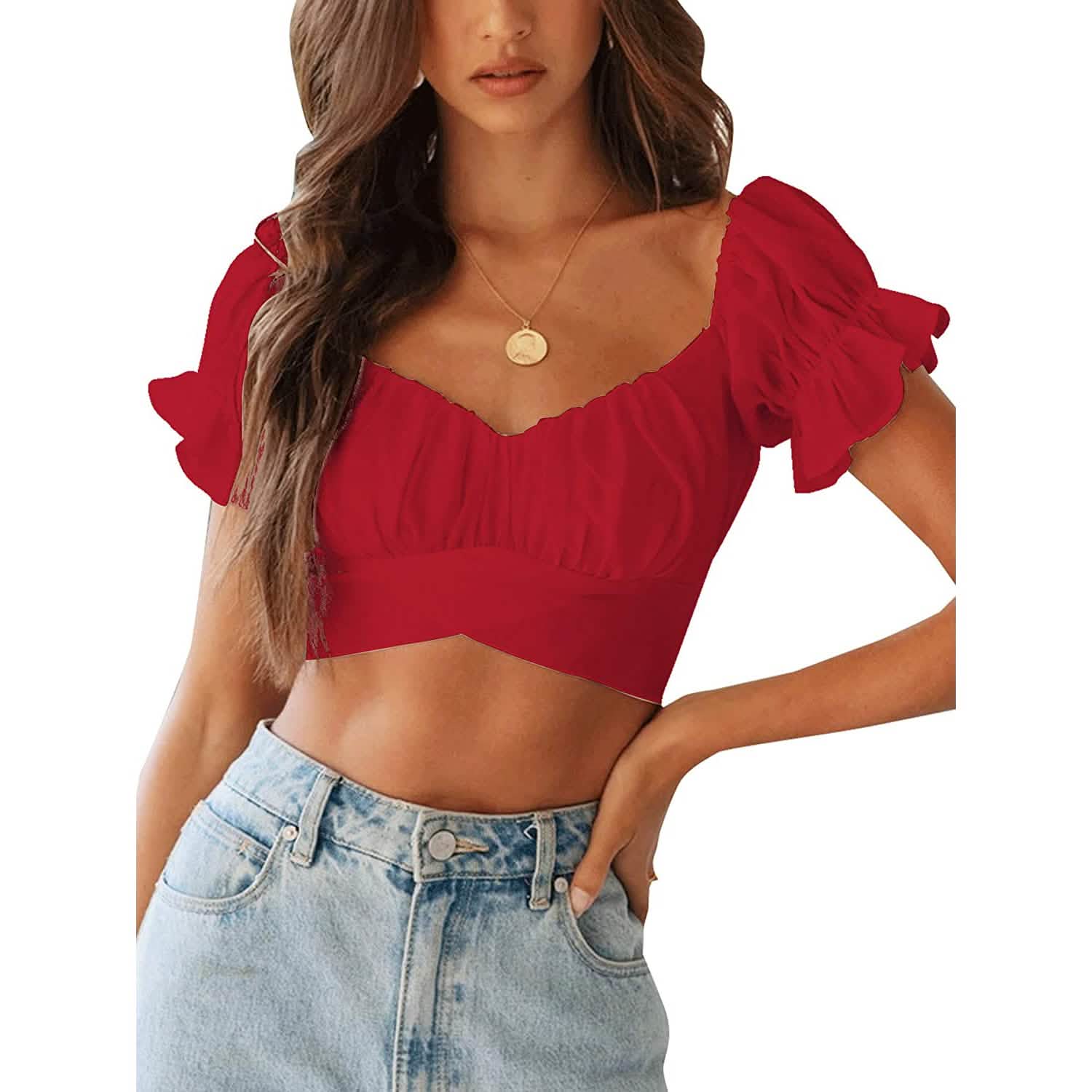 Women's Ruffle Short Sleeve Tie Shirt